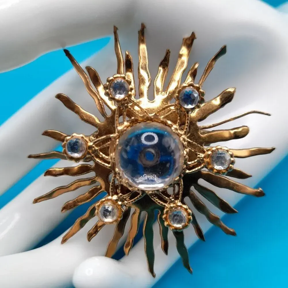 Vintage Celestial Golden Brass Brooch, Clear Cabochons, Early Mid-Century